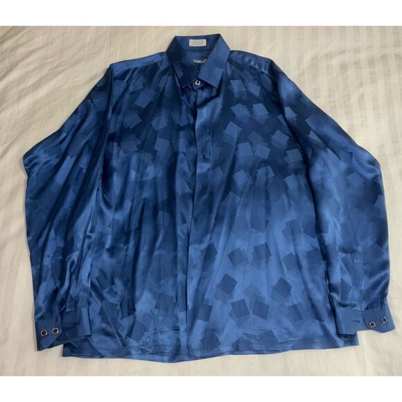 VINTAGE MENS GENELLI Blue TONE ON TONE SILK SHIRT NEHRU COLLAR XL - Picture 2 of 5
